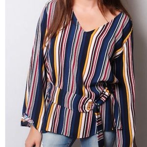 Women’s Front Belted Long Sleeve Tunic Top Navy With Colorful Stripes
